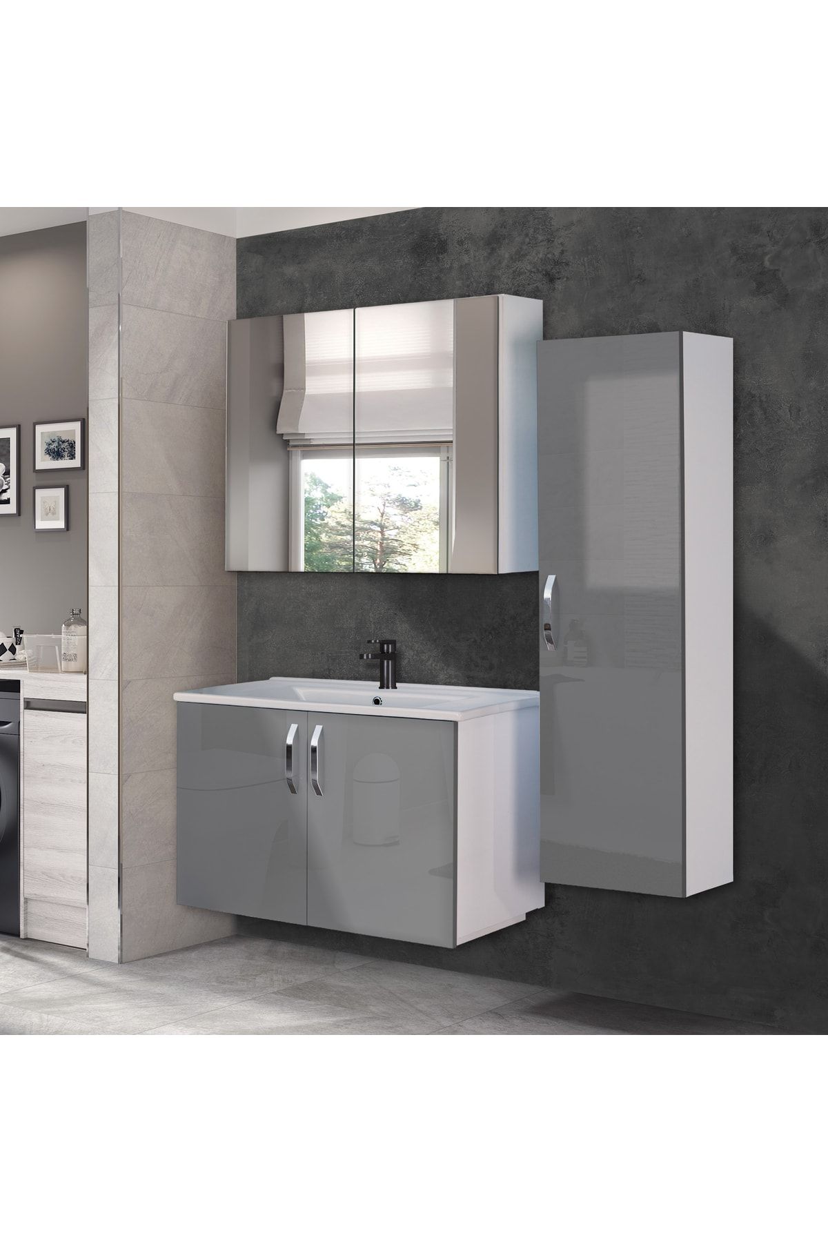 triomodül Asmira Banyo Dolabı 80 Cm 3'lü Set - Antrasit Gri